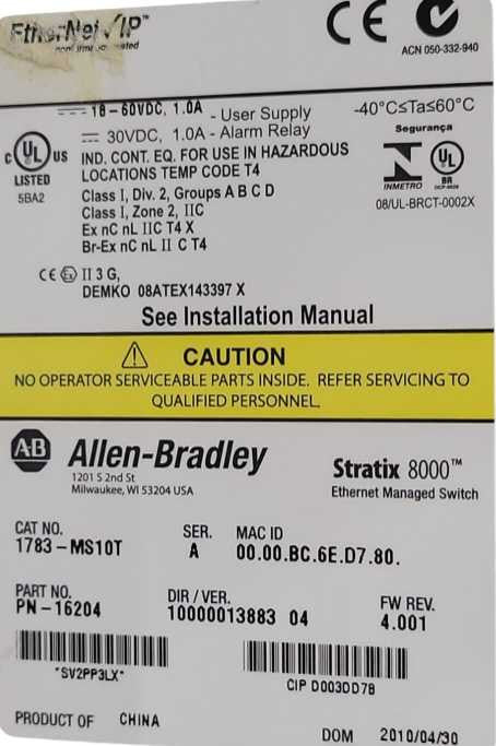 Allen-Bradley by Cisco 1783-MS10T Stratix 8000 10-Port Managed Switch _