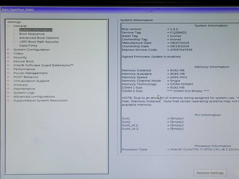 Dell OptiPlex 3060 SFF Desktop i7-8700 3.20GHz 8GB DDR4 256GB SSD _