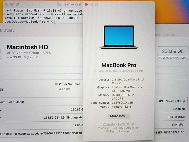 Apple Macbook Pro 2017 13\\" Core i5-7360U @ 2.3GHz 16GB DDR3 250GB SSD (