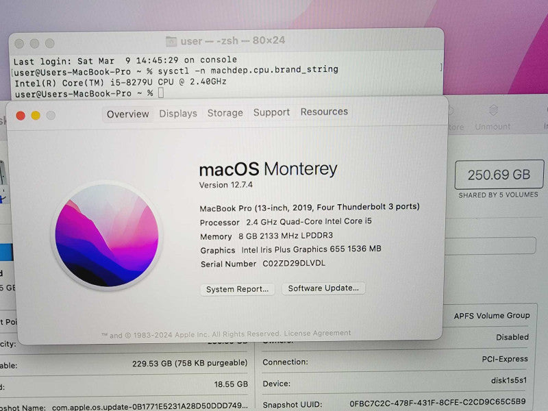 Apple Macbook Pro 2019 13\\" Core i5-8279U @ 2.4GHz 8GB DDR3 250GB SSD (