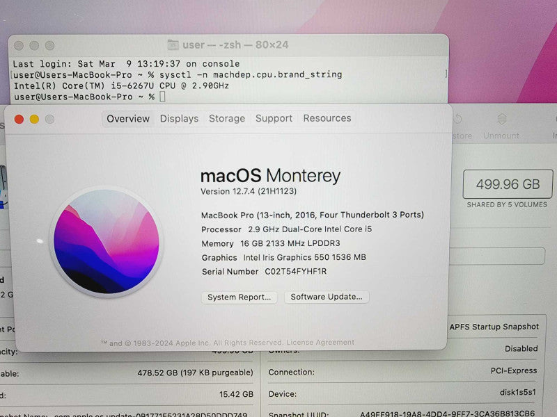 Apple Macbook Pro 2016 13\\\\\\" Core i5-6267U @ 2.9GHz 16GB DDR3 500GB SSD (