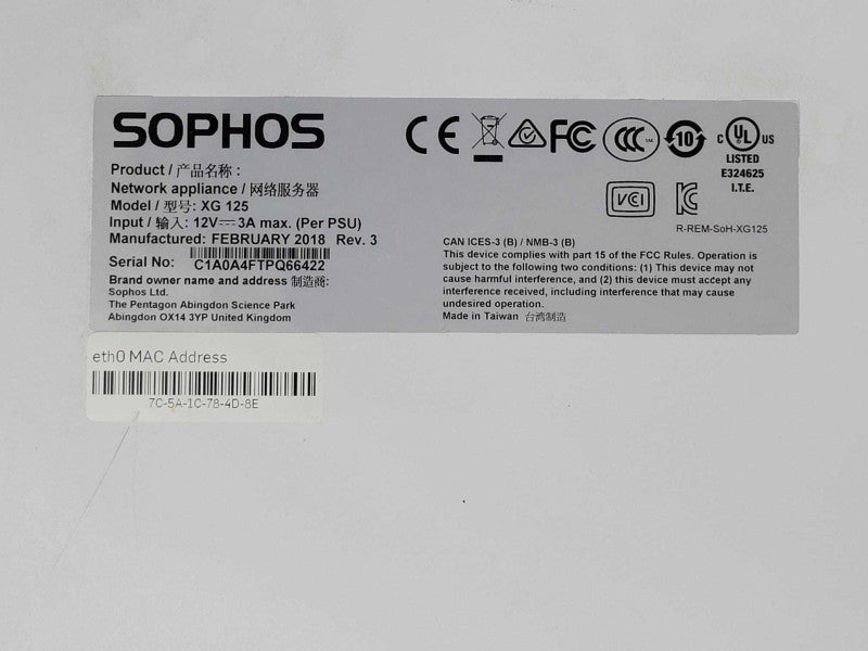Sophos XG 125 Rev 3 Firewall Appliance XG125 READ _