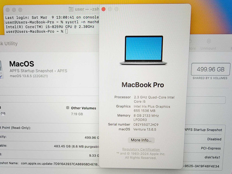 Apple Macbook Pro 2018 13\\" Core i5-8259U @ 2.3GHz 8GB DDR3 500GB SSD (