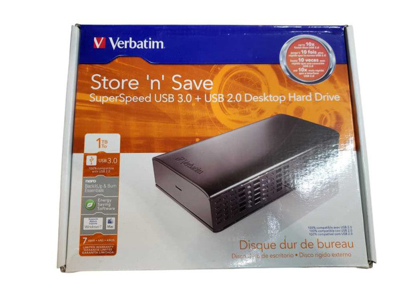 VERBATIM 1TB External Desktop Hard Drive USB 3.0 + USB 2.0.  +