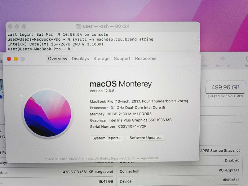 Apple Macbook Pro 2017 13\\" Core i5-7267U @ 3.1GHz 16GB DDR3 500GB SSD (