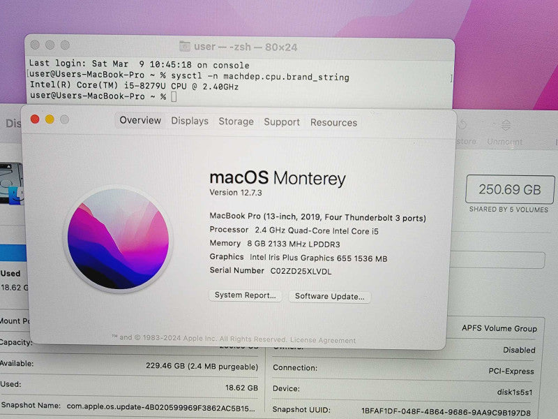 Apple Macbook Pro 2019 13\\\\\\" Quad-Core i5-8279U @ 2.4GHz 8GB DDR3 250GB SSD [A1989] (