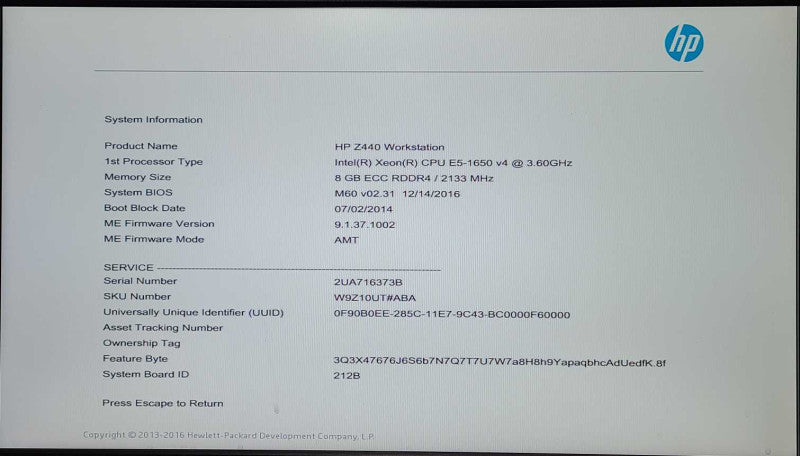 HP Z440 WorkStation, Xeon E5-1650 v4 3.60GHz, 8 GB DDR4, No HDD