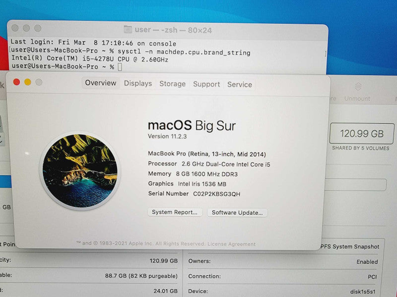 Apple Macbook Pro Retina 2014 13\\" Core i5-4278U @ 2.6GHz 8GB DDR3 120GB SSD (