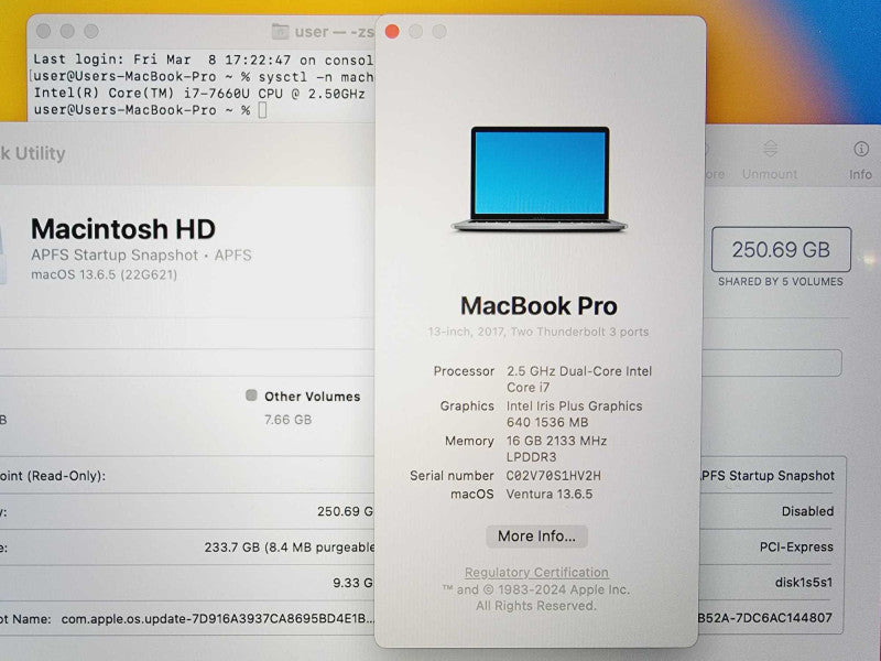 Apple Macbook Pro 2017 13\\\\\\" Core i7-7660U @ 2.5GHz 16GB DDR3 250GB SSD [A1708] (