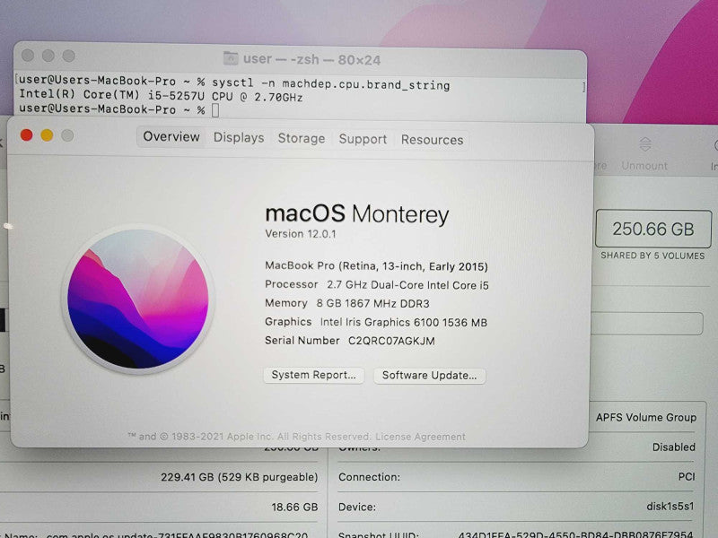 Apple Macbook Pro Retina 2015 13\\" Core i5-5257U @ 2.7GHz 8GB DDR3 250GB SSD (