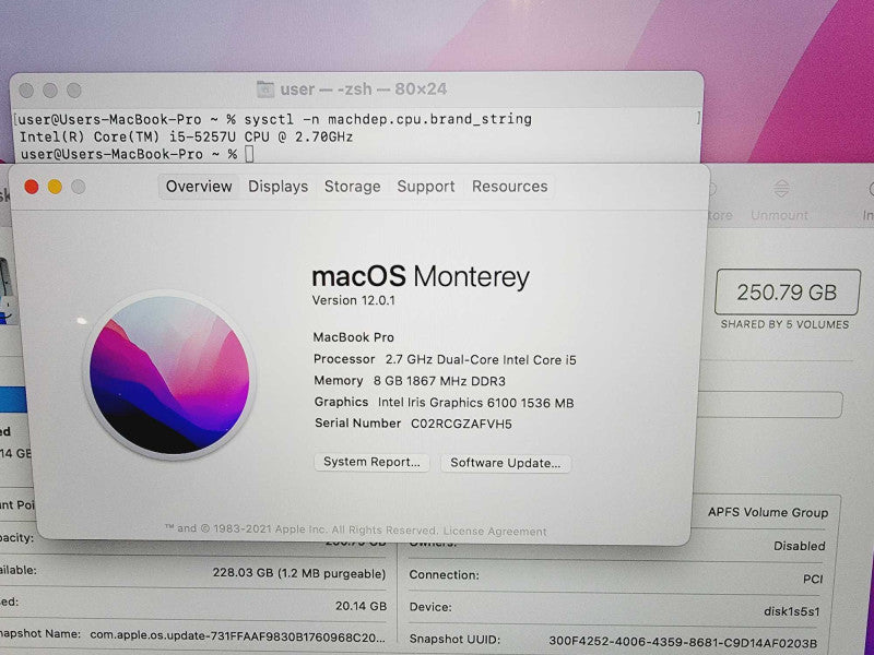 Apple Macbook Pro Retina 2015 13\\\\\\" Core i5-5257U @ 2.7GHz 8GB DDR3 250GB SSD (