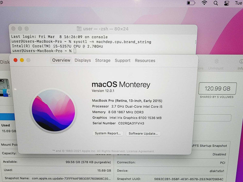 Apple Macbook Pro Retina 2015 13\\\\\\" Core i5-5257U @ 2.7GHz 8GB DDR3 120GB SSD (