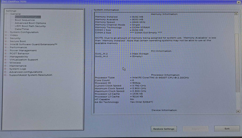 Dell OptiPlex 7070 USFF | i5-9500T @ 2.20GHz 8GB DDR4 256GB NVMe )