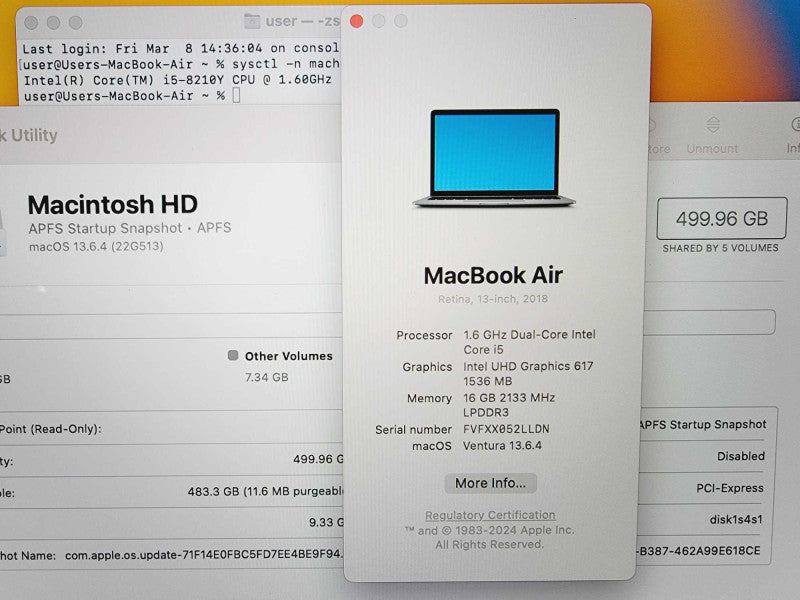 Apple Macbook Air Retina 2018 13\\\\\\" Core i5-8210Y @ 1.6GHz 16GB DDR3 500GB SSD (