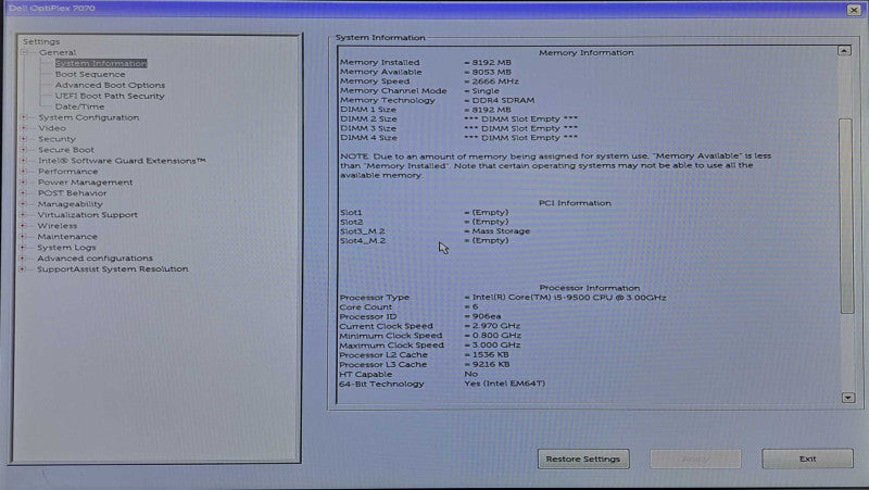 Dell OptiPlex 7070 SFF | i5-9500 @ 3.00GHz 8GB DDR4 256GB NVMe )