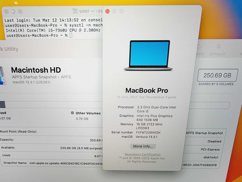 Apple Macbook Pro 2017 13\\\\\\" Core i5-7360U @ 2.3GHz 16GB DDR3 250GB SSD (
