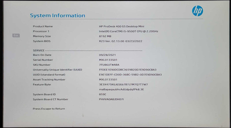 HP ProDesk 400 G5 USFF, I5-9500T 2.20GHz, 8GB DDR4, 256GB NVMe + PWR