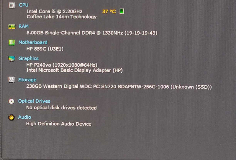 HP ProDesk 400 G5 USFF, I5-9500T 2.20GHz, 8GB DDR4, 256GB NVMe + PWR