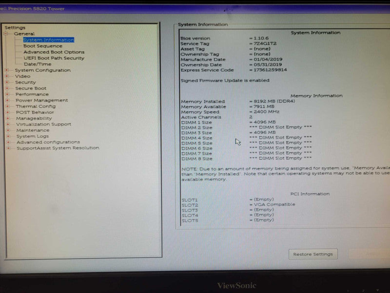 Dell Precision T5820 Xeon W-2123 3.6GHz, 8GB, 1.9TB SSD, NVS310 GPU425W PSU _