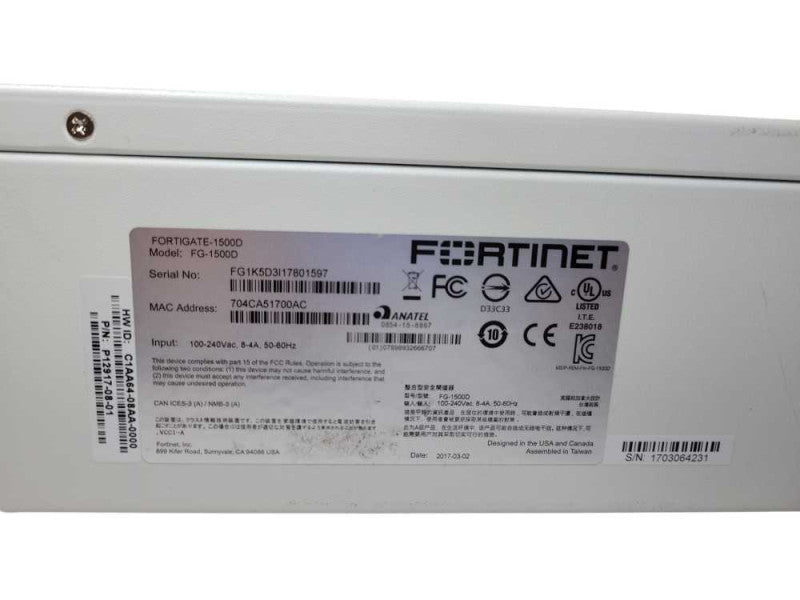 Fortinet Fortigate FG-1500D Firewall Security Appliance %
