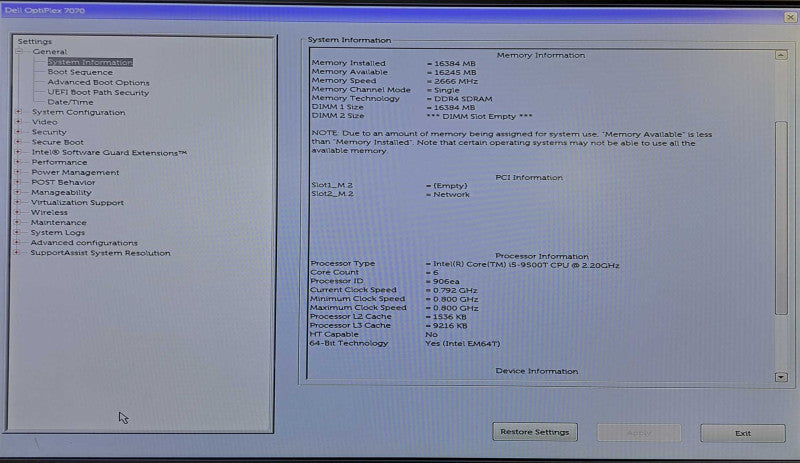 Dell OptiPlex 7070 USFF | i5-9500T @ 2.20GHz 16GB DDR4 256GB SSD )