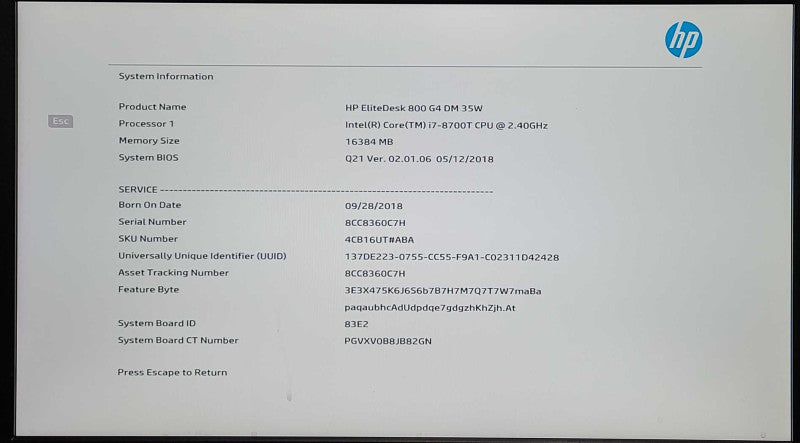 HP EliteDesk 800 G4 DM, i7-8700T 2.40GHz, 16GB RAM, 256GB Nvme, WiFi, W/ PWR