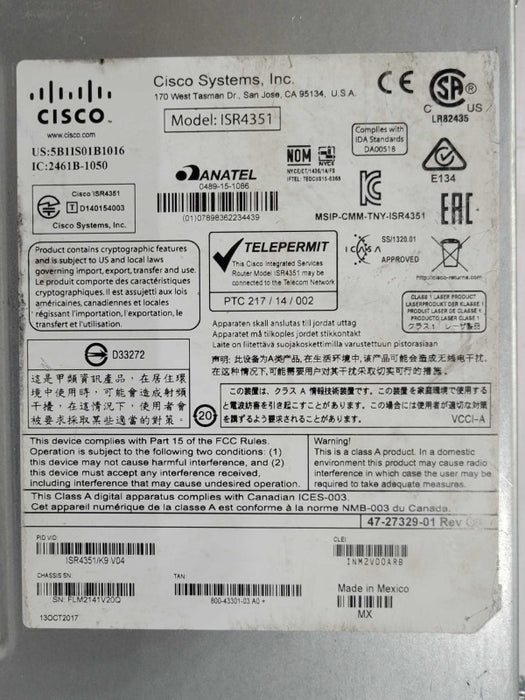 Cisco ISR4351 ISR4351/K9 Integrated Services Router, NO CPU CLOCK ISSUE _