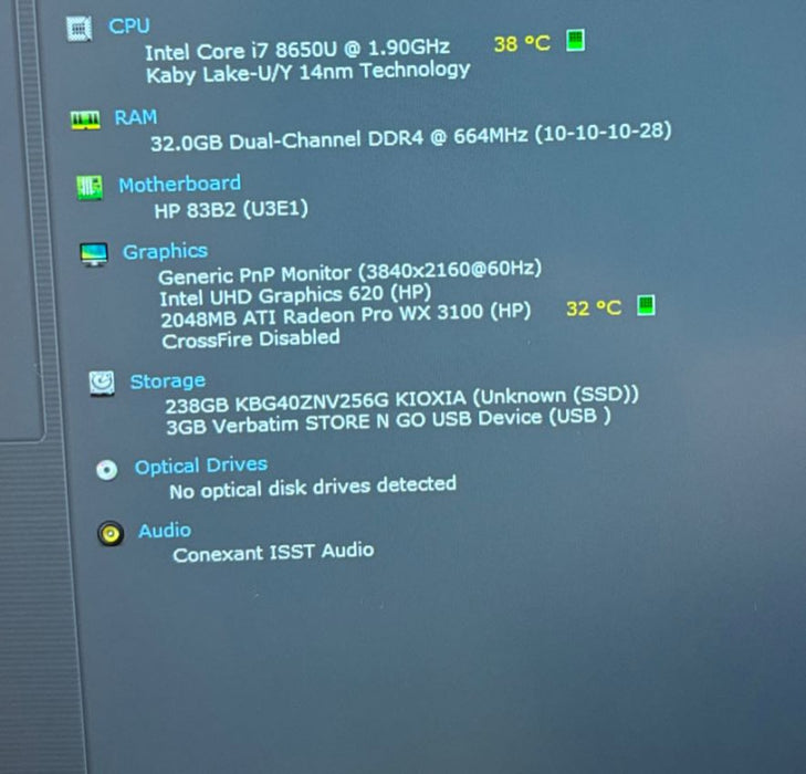 HP ZBook 15uG5 i7-8650U@1.9GHz ATI Radeon Pro WX3100 2GB GPU 16GB RAM 256SSD.