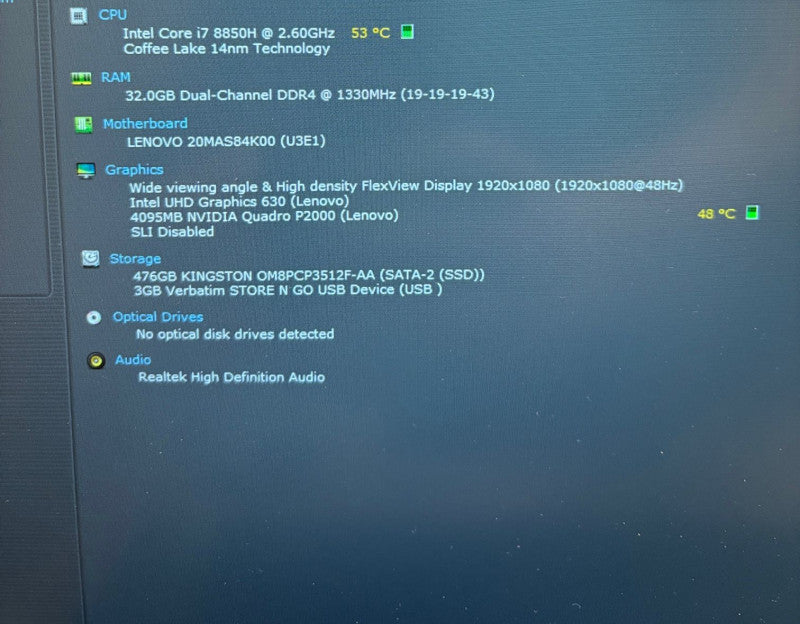 Lenovo ThinlPad P52 i7-8850H@2.6GHz QUADRO P2000 4GB GPU 32GB RAM 512GB SSD