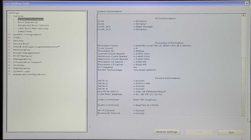 Dell OptiPlex 7060 SFF Desktop, i5-8500 3.00GHz, 8GB DDR4, 256GB Nvme