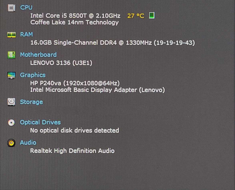 Lenovo M920q USFF Desktop, i5-8500T 2.10GHz, 16GB DDR4, No HDD, WiFi, w/PWR Q