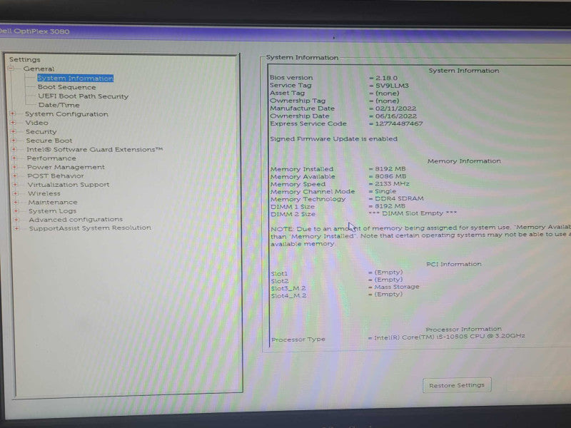 Dell OptiPlex 3080 SFF Desktop Core i5-10505 3.2GHz 8GB DDR4 256GB M.2  _