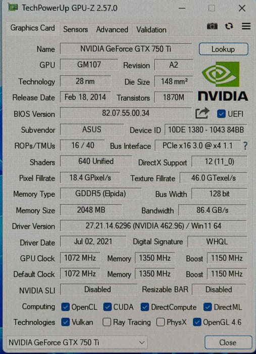 ASUS NVIDIA GeForce GTX 750 Ti 2GB GDDR5 Video Card, GTX750TI-OC-2GD5