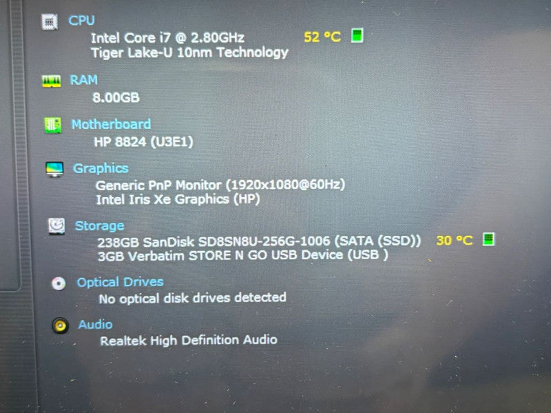 HP Envy x360 Convertible 13m i7-1165G7@2.8GHz 8GB RAM 256SSD No Battery READ!