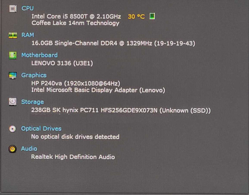 Lenovo M920q USFF, i5-8500T 2.10GHz, 16GB DDR4, 256GB Nvme, WiFi, w/PWR