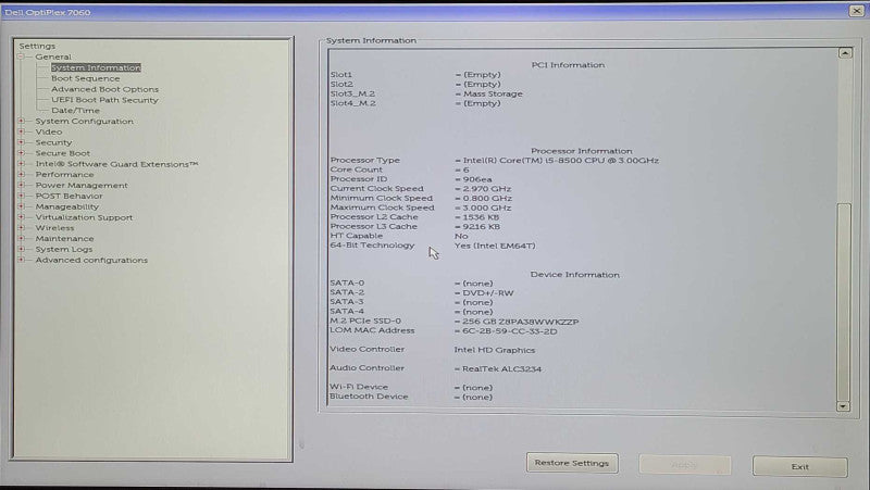 Dell OptiPlex 7060 SFF Desktop, i5-8500 3.00GHz, 8GB DDR4, 256GB Nvme