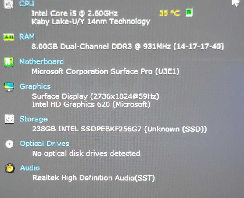 Microsoft Surface Pro 1796 Core i5-7300U, 8GB RAM, 256GB SSD w/ Power Adapt Q_