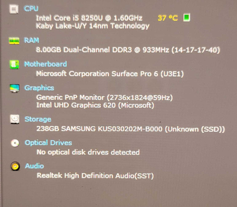 Microsoft Surface Pro 6 (1796) Core i5-8250U, 8GB RAM, 256GB SSD, w/ Power ad _