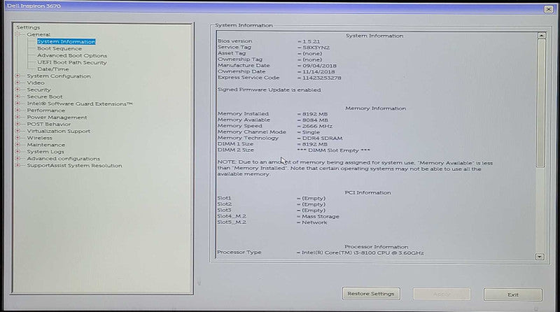 Dell Inspiron 3670, Intel i3-8100 3.60GHz, 8GB Ram, 128GB Nvme
