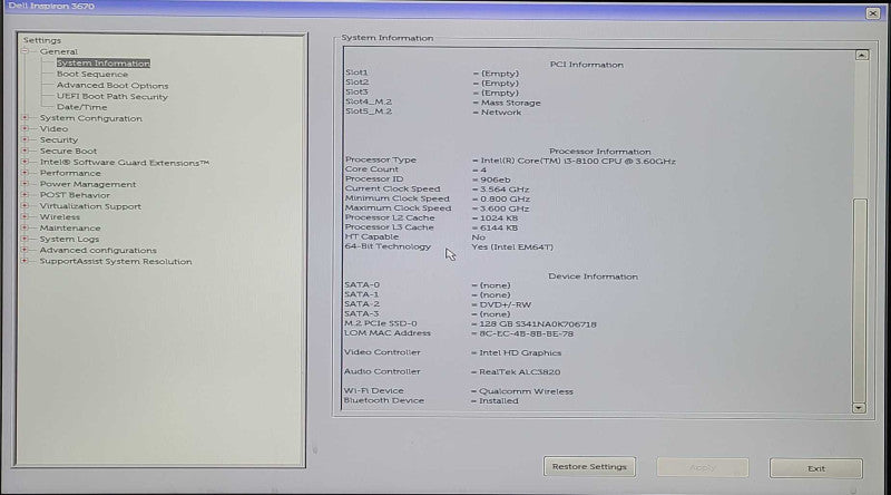 Dell Inspiron 3670, Intel i3-8100 3.60GHz, 8GB Ram, 128GB Nvme