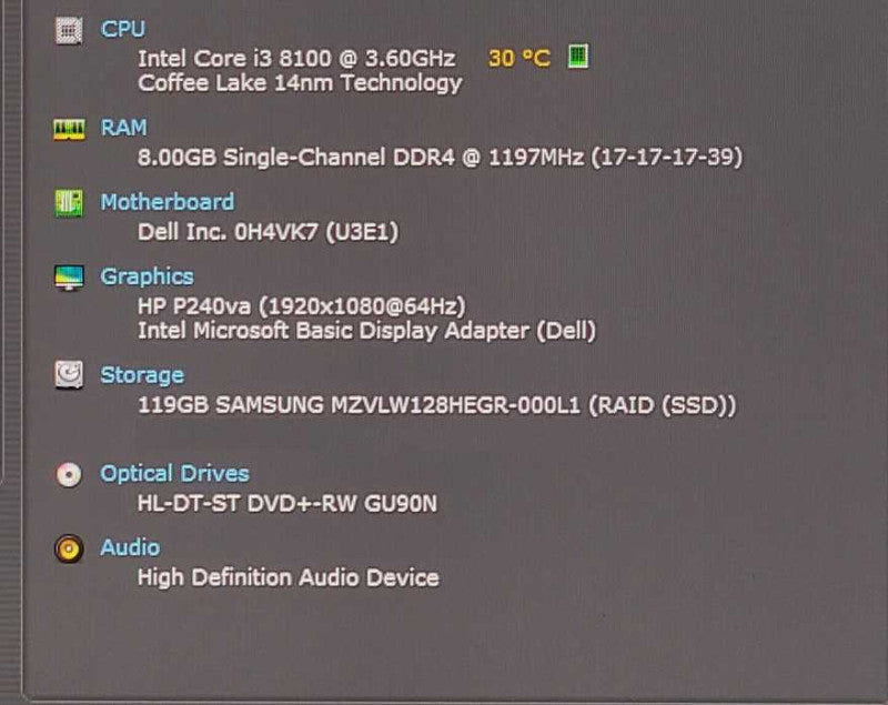 Dell Inspiron 3670, Intel i3-8100 3.60GHz, 8GB Ram, 128GB Nvme