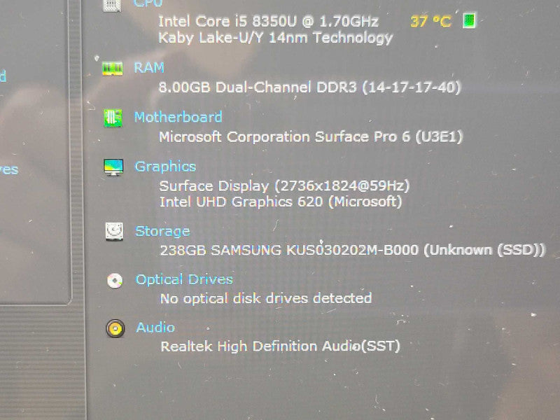 Microsoft Surface Pro 6 1796, Core i5-8350U 8GB RAM, 256GB SSD, w/ Power Q_