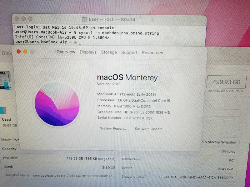 Apple Macbook Air 2015 13\\\\\\" Core i5-5250U @ 1.6GHz 8GB DDR3 500GB SSD [Read] (