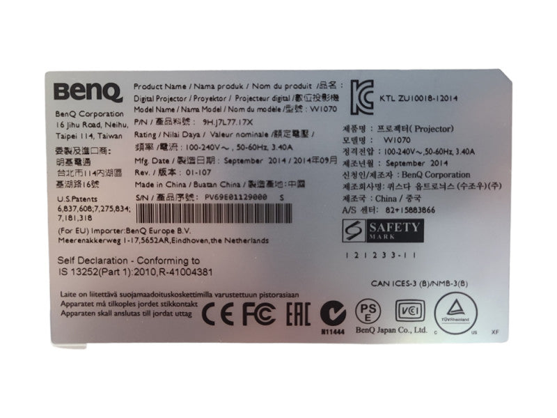 BenQ W1070 DLP Projector, Lamp 185Hrs
