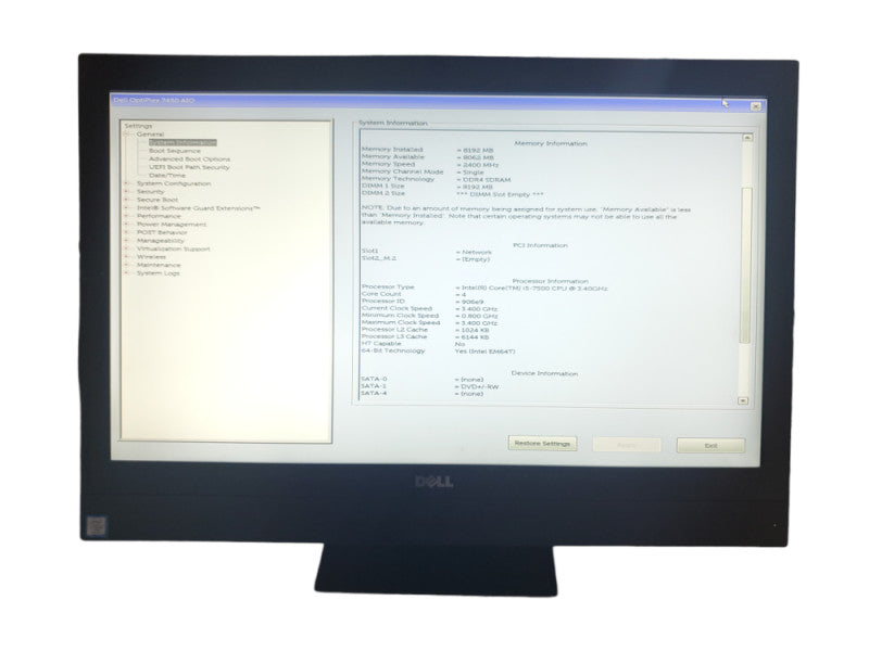 Dell Optiplex 7450 AiO, i5-7500 3.4GHz 8GB DDR4 No HDD/SSD Q|