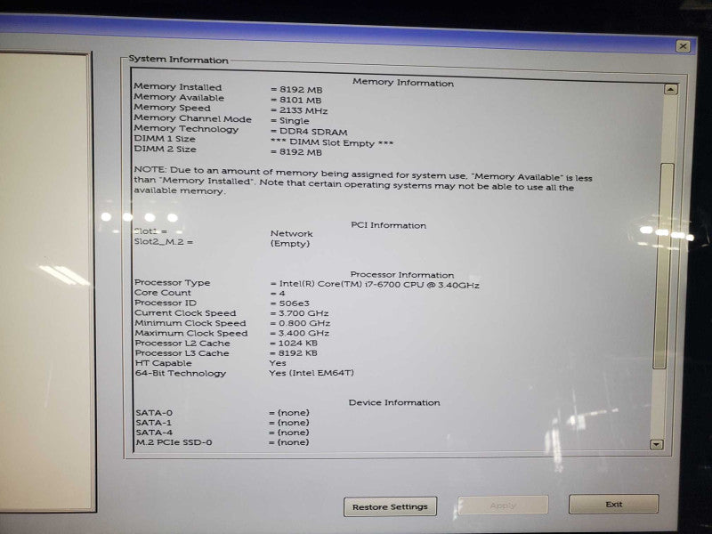 Dell Optiplex 7440 AiO i7-6700 3.4GHz 8GB DDR4 No HDD/SSD |