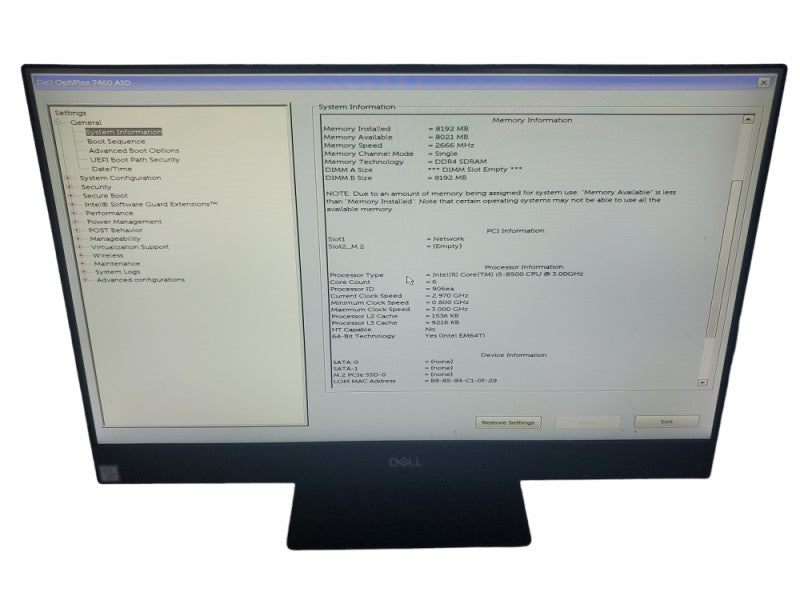 Dell Optiplex 7460 AiO i5-8500 3.0GHz 8GB DDR4 No HDD/SSD |