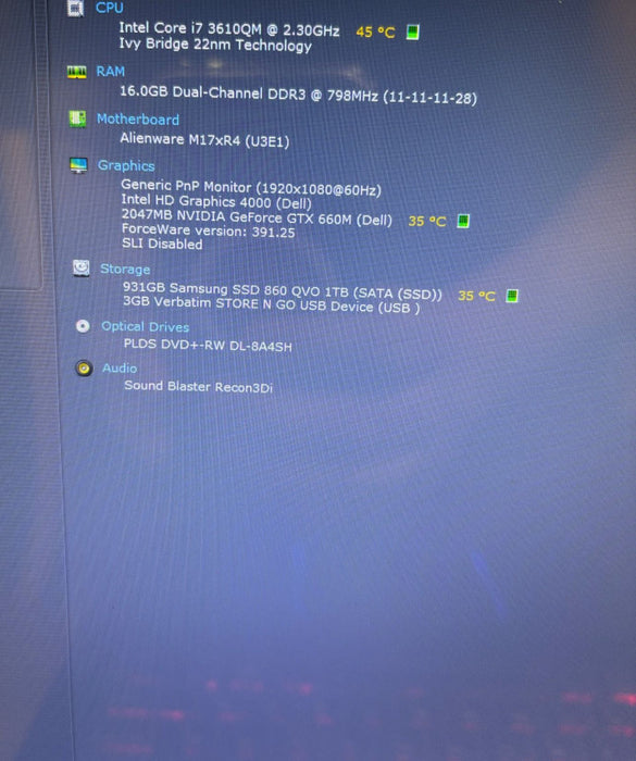 ALIENWARE M17X Intel Core i7-3610QM GeForce GTX 660M 2GB GPU 16GB RAM 1TB SSD
