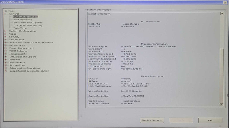 Dell OptiPlex 7070 USFF, i5-9500T 2.20GHz, 16GB DDR4, 256GB SSD, WiFi