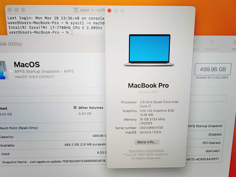 Apple Macbook Pro 2017 15\\" 4-Core i7-7700HQ @ 2.8GHz 16GB DDR3 500GB SSD Radeon Pro 555 2GB (